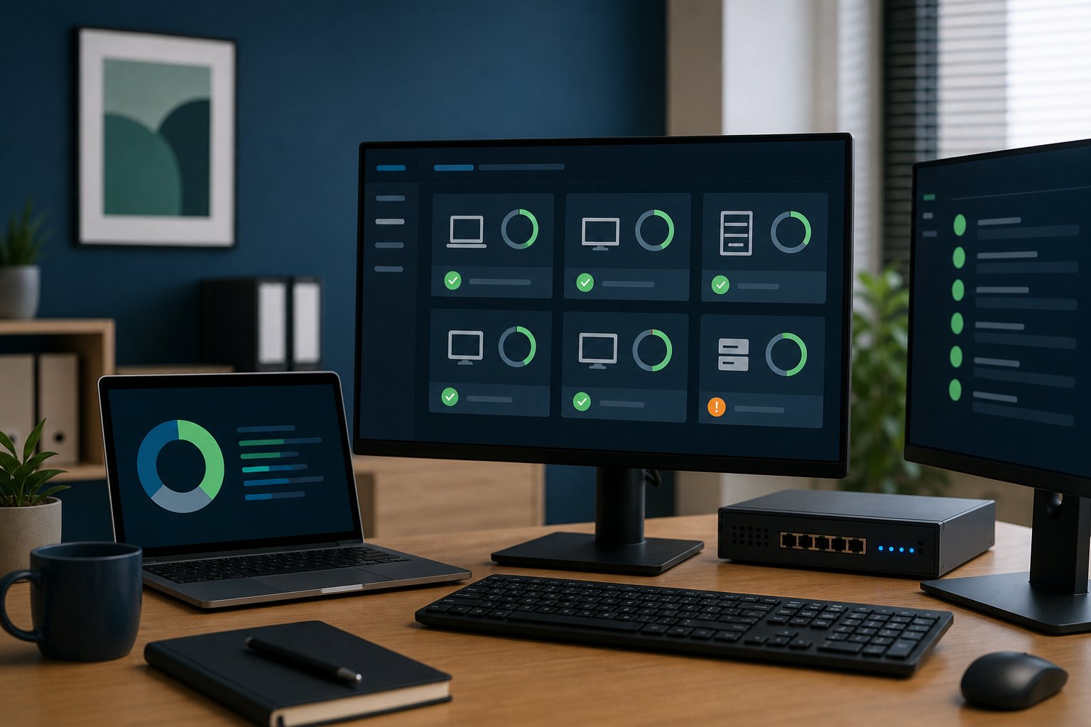 Managed business devices and update status displayed across an office workstation