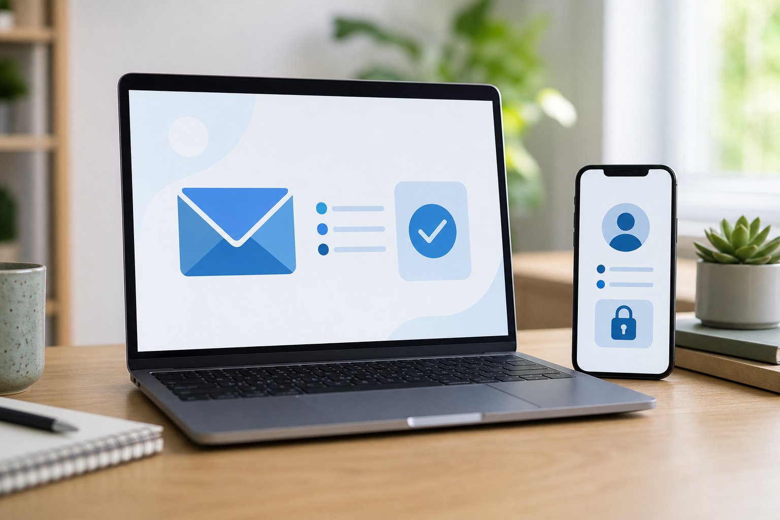 Email and account settings shown on a laptop and phone