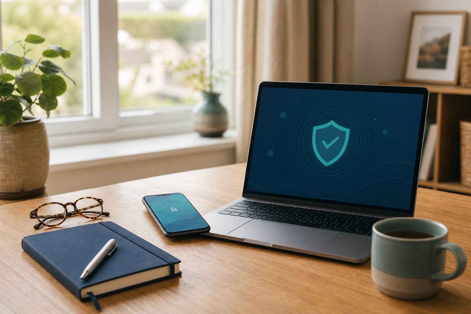Laptop and phone set up securely on a home desk
