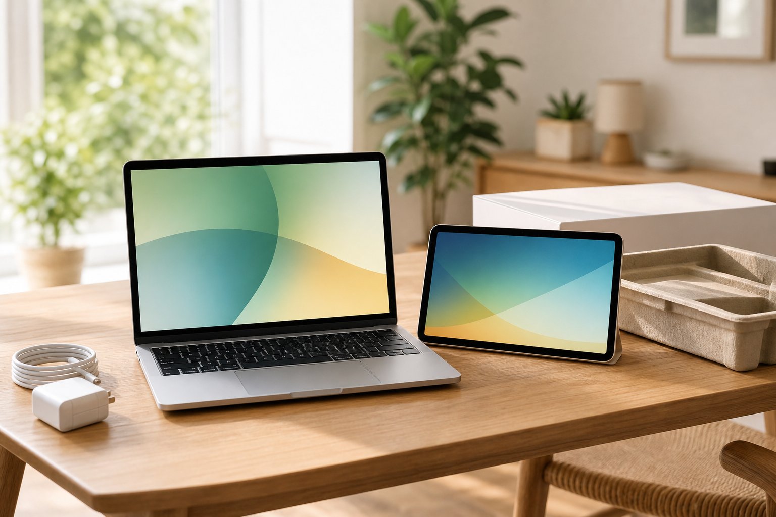 New laptop and tablet ready to be set up at home