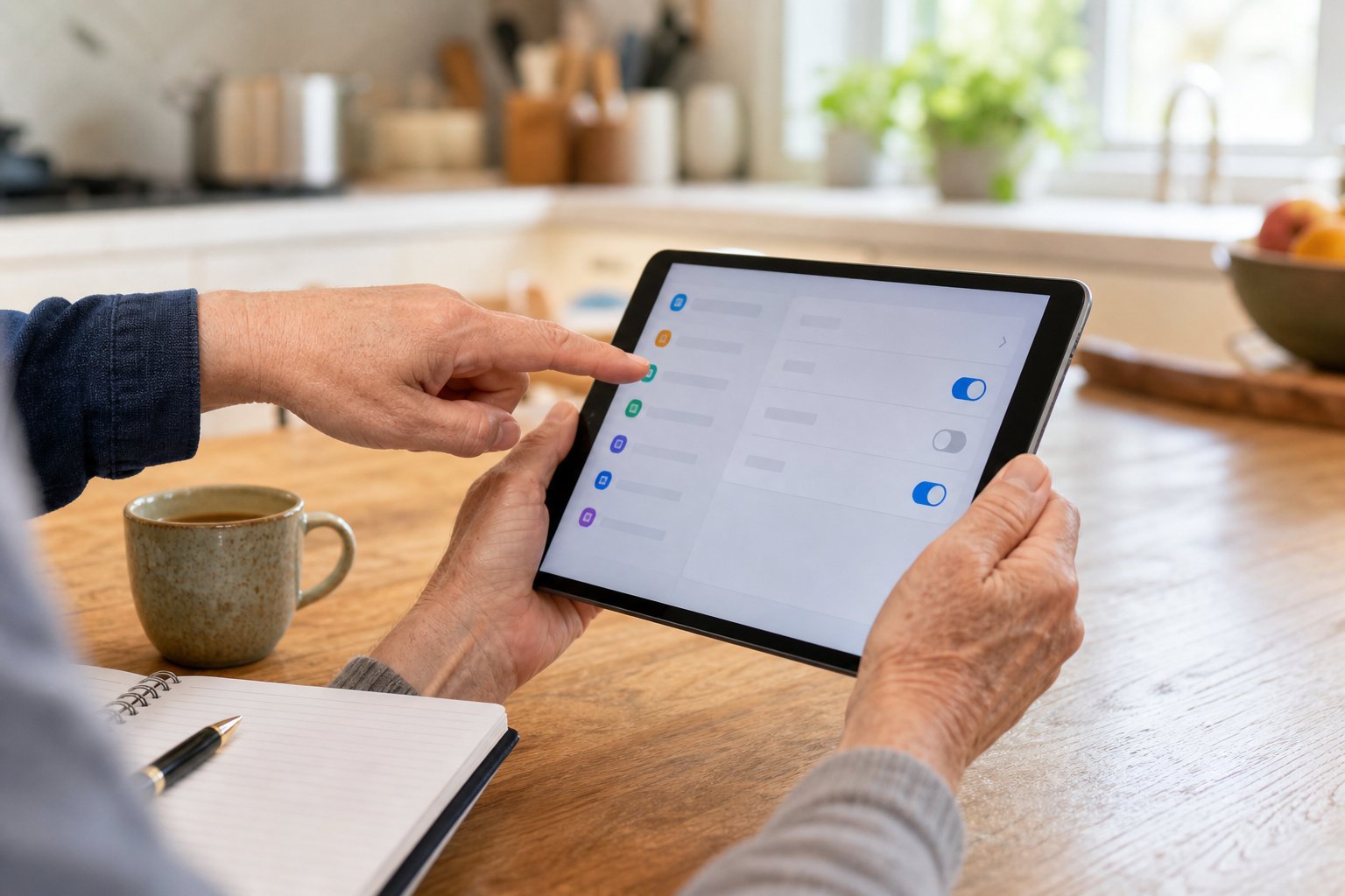 Patient help with tablet settings at a home table