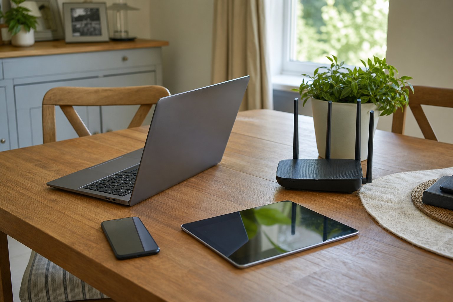 Laptop, Wi-Fi router, phone and tablet on a home table