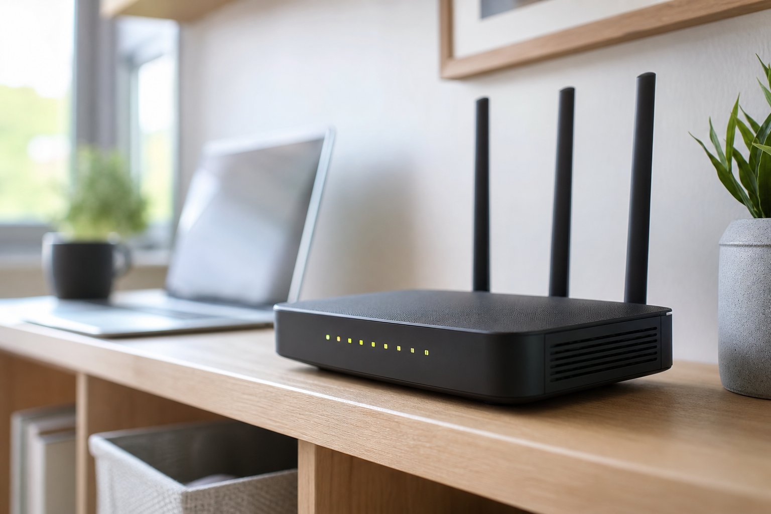 Wi-Fi router and laptop in a bright home